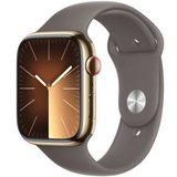 Apple Watch S9 GPS + Cellular 45mm aranyszínű rozsdamentesacél tokos agyag sportszíjas (M/L) okosóra 