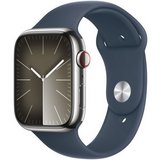 Apple Watch S9 GPS + Cellular 45mm ezüstszínű rozsdamentesacél tokos viharkék sportszíjas (S/M) okosórax 